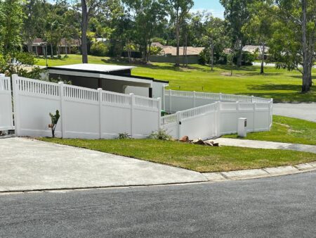 Mary PVC fence gallery sloped block installation with stepped fence layout by Queensland Fencing Specialists
