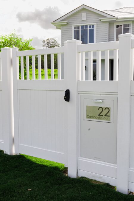 Mary PVC fence gallery house number panel and gate close-up by Queensland Fencing Specialists
